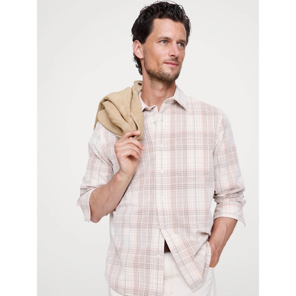 NWT Banana Republic Standard Fit‎ Lightweight Corduroy Shirt MEDIUM Cream Plaid